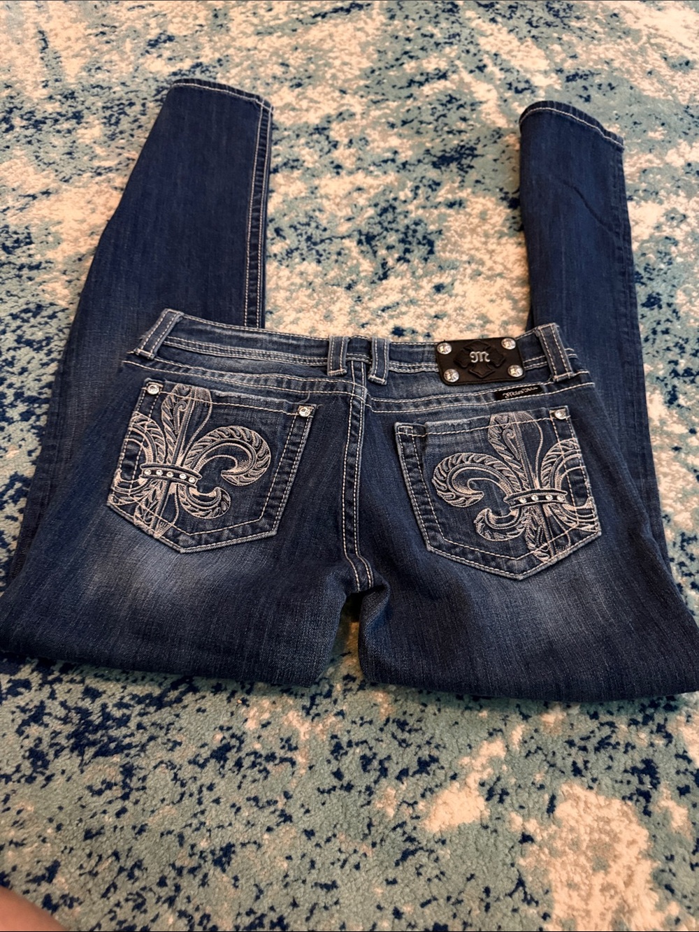 Miss Me Dark Blue Boot Cut Jeans with Embroidered Fleur-de-Lis Pockets